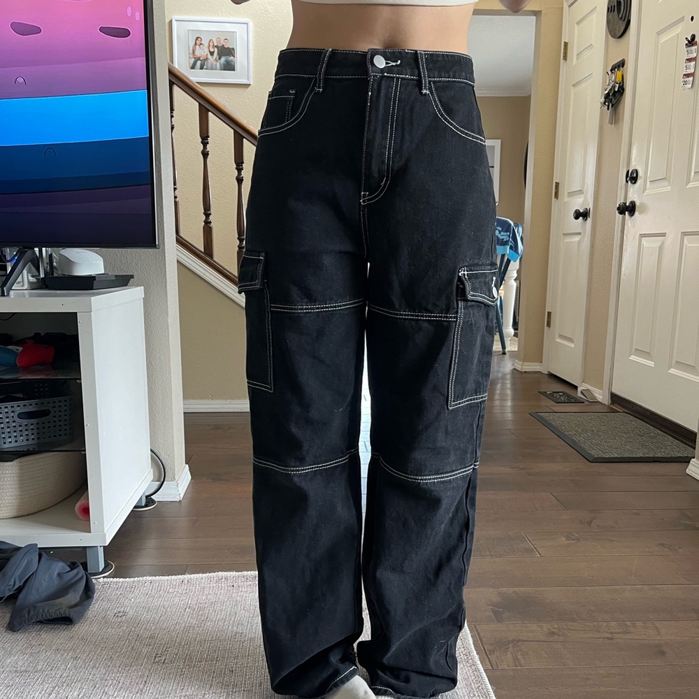 shein black topstitching cargo pants - wide leg